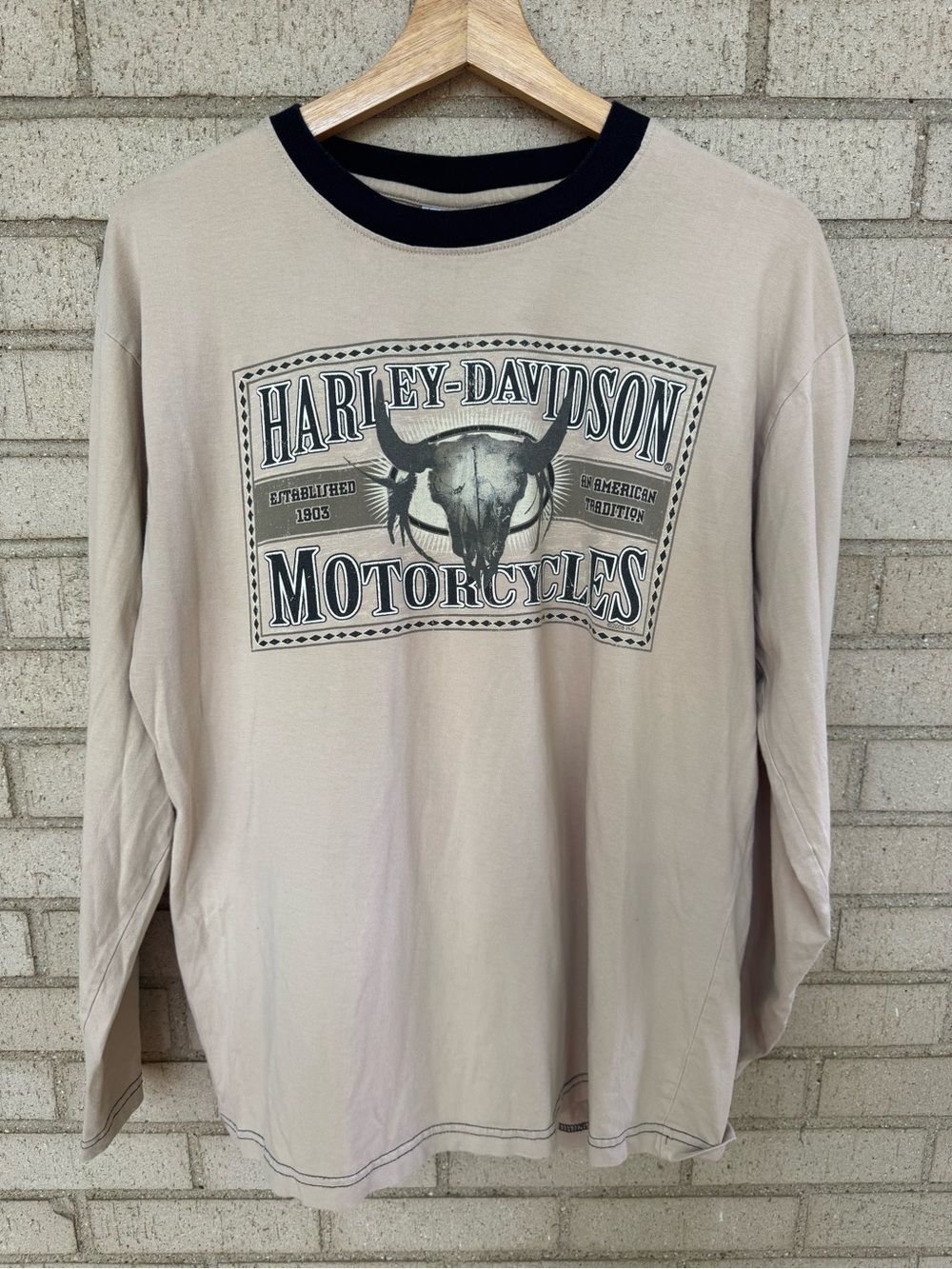 Harley Davidson Black Hills Long Sleeve Graphic Tee Beige Ringer Skull Sz Large